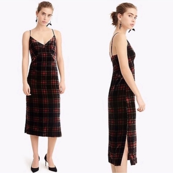 J Crew Spaghetti Strap Midi Dress in Velvet Stewart Tartan K4461